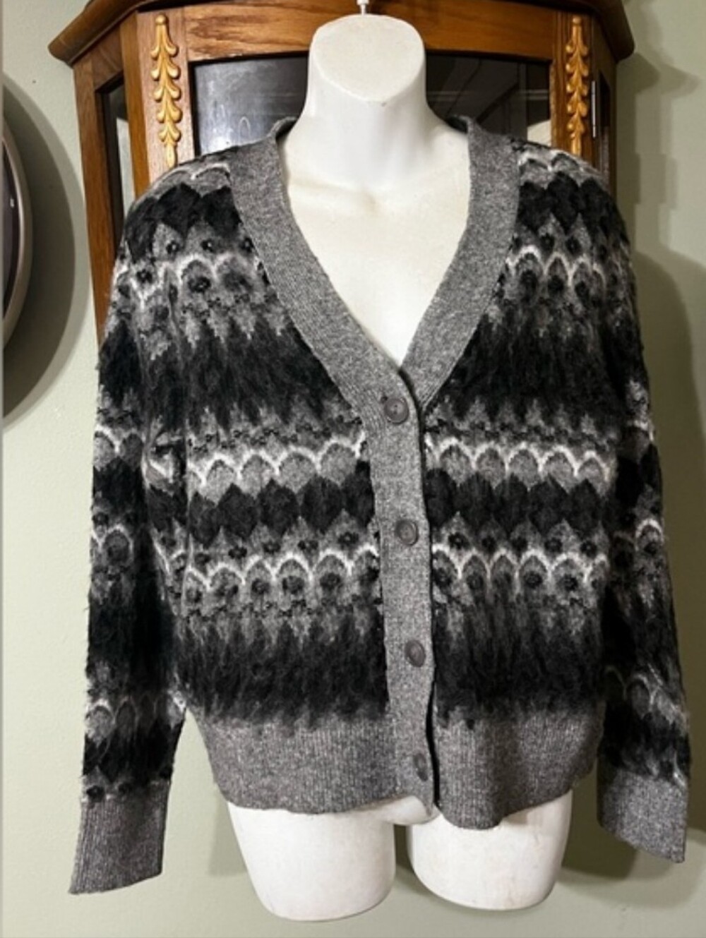 NWT Joie Wool Blend Soft Grey and Black Fair Isle Cardigan Sweater XL